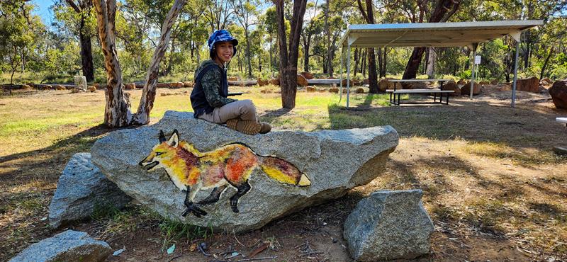 Boy sitting on a stone with a fox picture