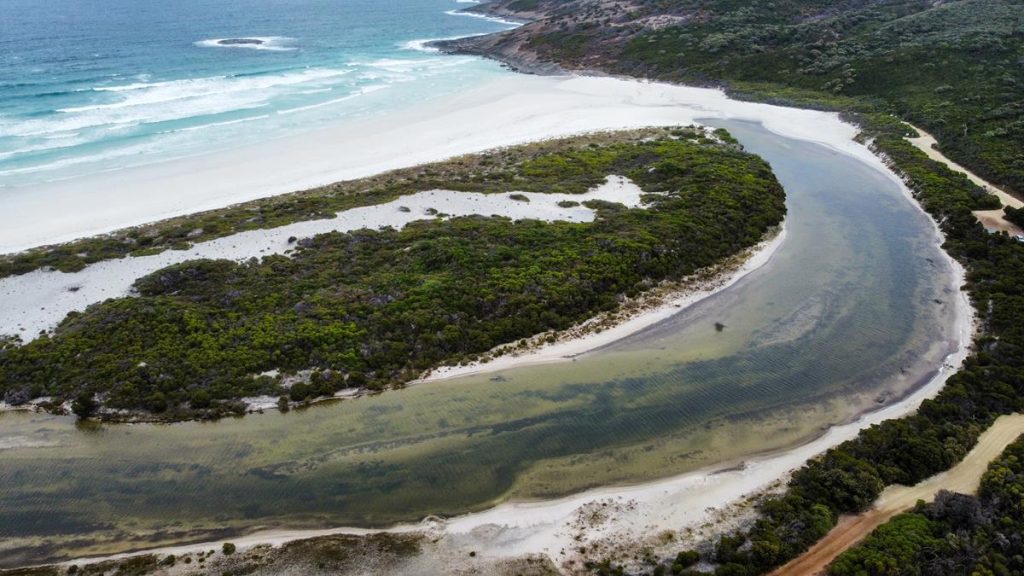 Aerial view of Thomas River joining the ocean at Cape Arid