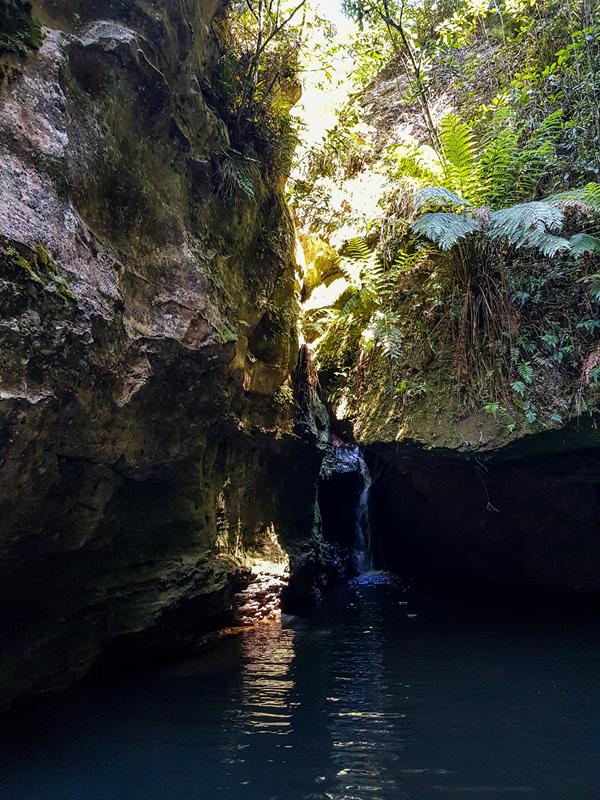 Overhanging rocks and waterfall along Grand Canyon Track in the Blue Mountains