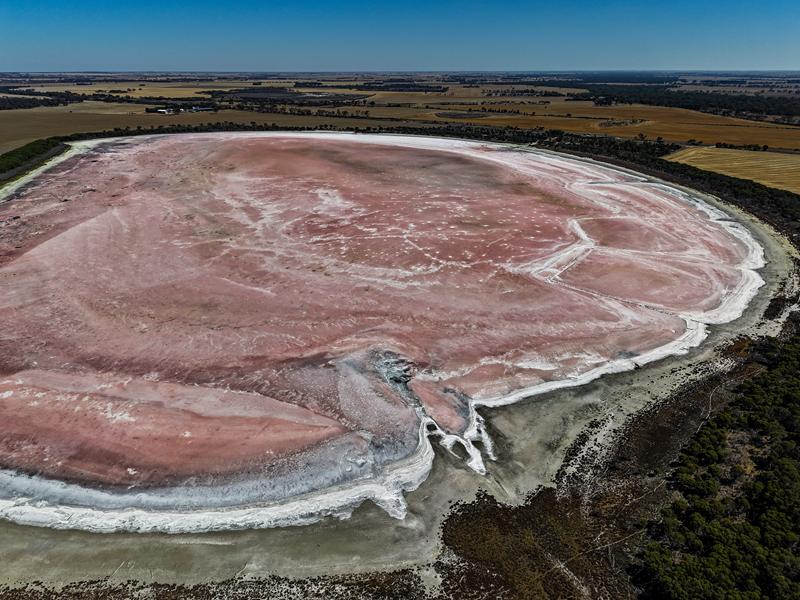 Aerial view of Loch lel pink lake in Victoria