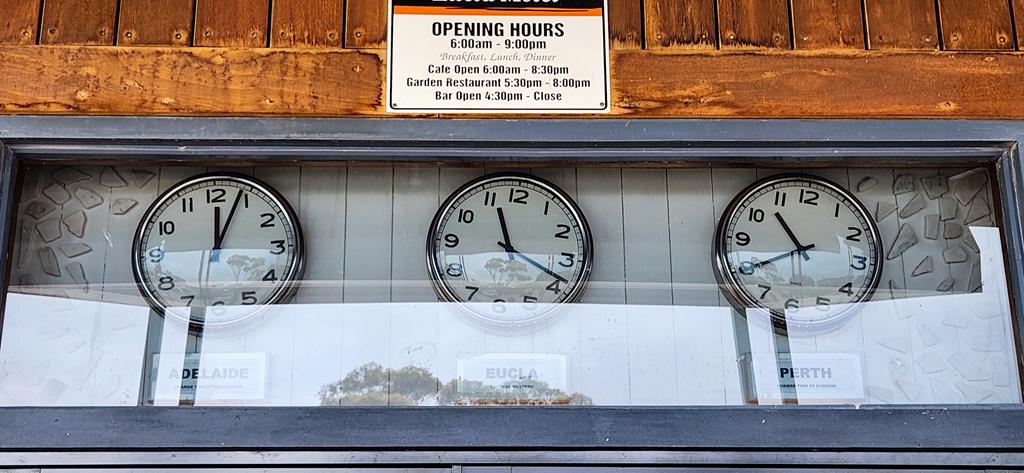 Different clocks showing different time in Eucla on the Nullarbor