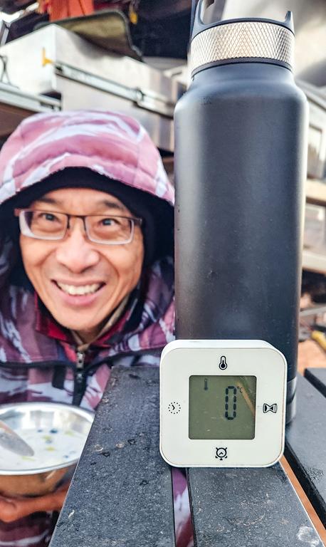 A man with a thermometer showing 0 degrees at Great Central Road