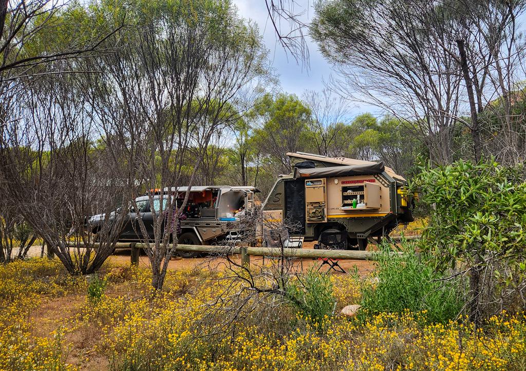 A vehicle with a small caravan at Peak Charles campground